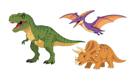 Cartoon dinosaur set with tyrannosaurus, pterosaur and triceratops © Artstock