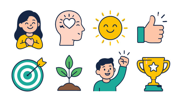 Positive thinking and success icon set in flat outline style