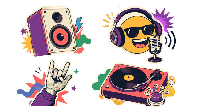 Retro music sticker set with speaker emoji hand and turntable