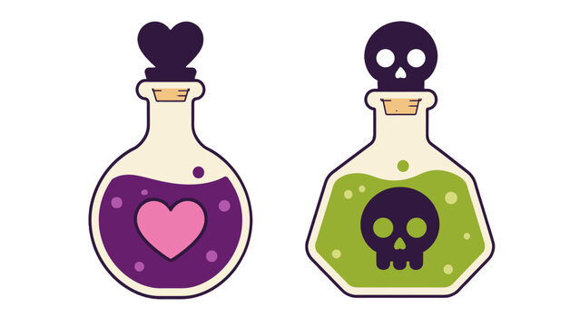 Cartoon potion bottles with heart and skull symbols