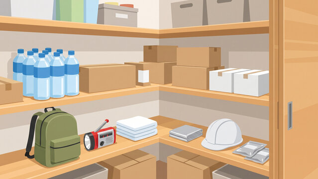 Organized warehouse storage room with shelves, cardboard boxes, water bottles, and emergency supplies