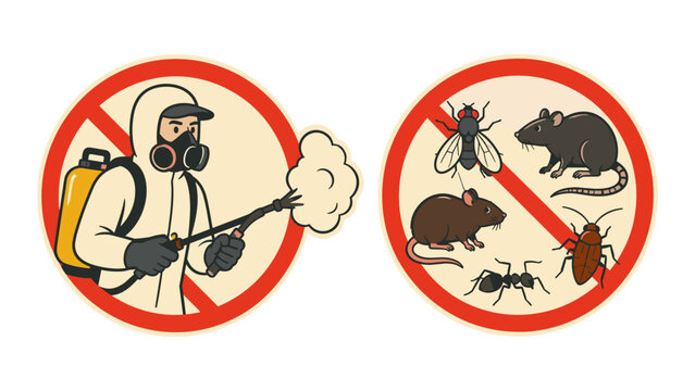 Pest control worker spraying insects and rodents warning signs