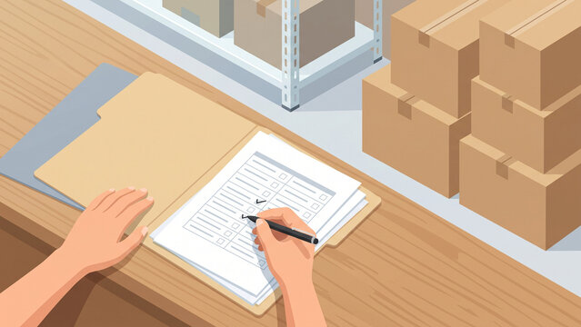 Warehouse Worker Checking Inventory Checklist with Cardboard Boxes and Storage Shelves