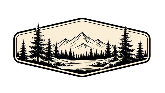Vintage mountain and pine forest landscape badge vector