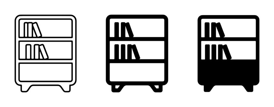 Bookcase Icons Set, Minimalist Shelving Vector Graphics, Library Storage Collection, Outline and Solid Styles