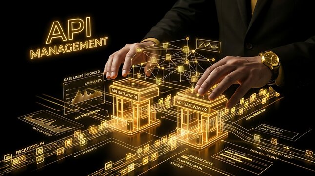 API Management digital interface with business person managing data infrastructure.