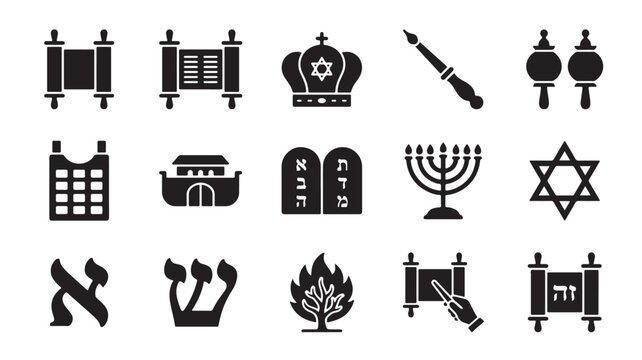 Jewish religious icons set, 15 black silhouette Judaism symbols, Torah scrolls and Star of David vector elements, Hebrew alphabet and Menorah graphics