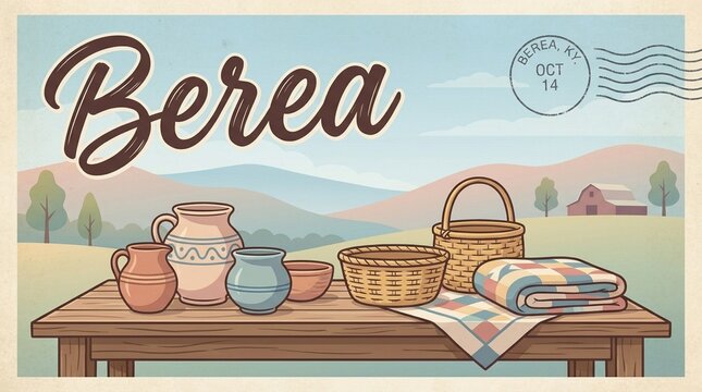 Vintage Style Postcard of Berea Kentucky, Featuring Handmade Appalachian Crafts, Pottery, Woven Baskets, and Scenic Mountain Landscape