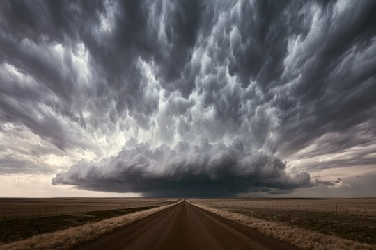 Dramatic Supercell Thunderstorm Approaching Over Open Plains.