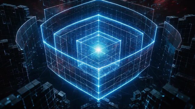 Futuristic glowing digital shield surrounded by fragmented data blocks