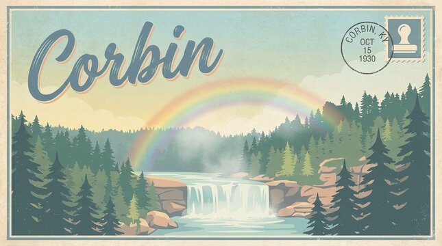 Retro Vintage Travel Postcard Illustration of Corbin, Kentucky, Featuring Cumberland Falls Waterfall with a Beautiful Rainbow and Forest Landscape