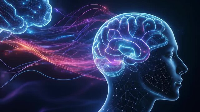 Digital illustration of a glowing brain connected to a human head with neural lines