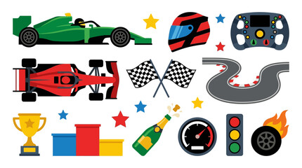 Racing cars speed along the track with checkered flags waving and stars shining brightly. © Fendi