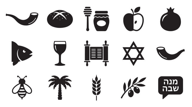 Jewish holiday symbols, Rosh Hashanah icons, Jewish New Year elements, black vector illustrations