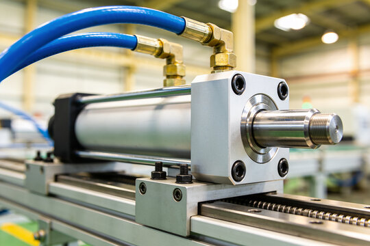 Close-up of an industrial pneumatic cylinder with blue hoses and metal components