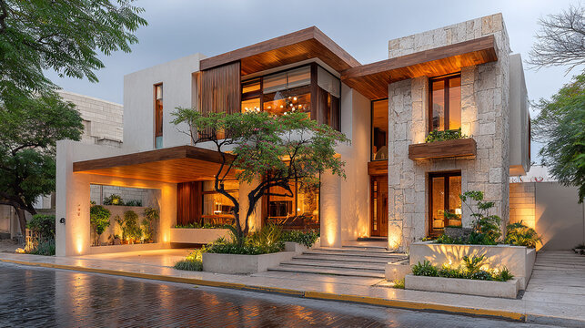Exterior view of a modern luxury duplex home with warm evening lighting and stone architecture