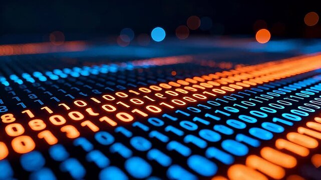 Binary code numbers glowing in rows