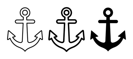 Nautical Anchor Icons Set, Simple Line Art and Solid Black Vector Graphics for Marine Themes, Maritime Design Elements © AllDesign