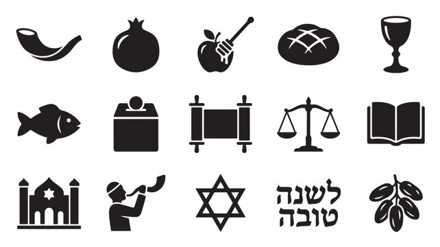 Jewish, Rosh Hashanah, Yom Kippur, holiday icons, symbols, 15 black vector graphics