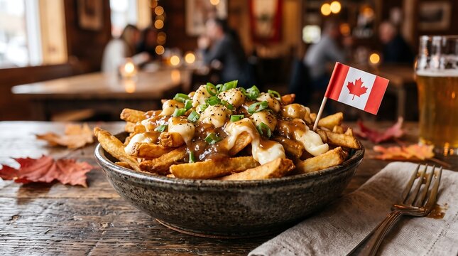 Delicious poutine with cheese curds and gravy, garnished with a Canadian flag, served on a rustic wooden table with autumn leaves and a glass of beer in a cozy restaurant.