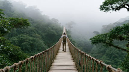 Fototapeta premium Colombian male civil engineer photographing a single-rope suspension footbridge over a misty jungle ravine, early morning fog softening the background, trust and connection