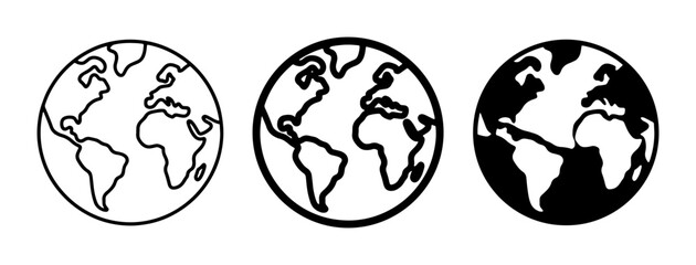 Set of Three Globe Icons: Outline, Simple Line Art, and Solid Black Silhouette, Representing Global Concepts and International Themes © Mahiya
