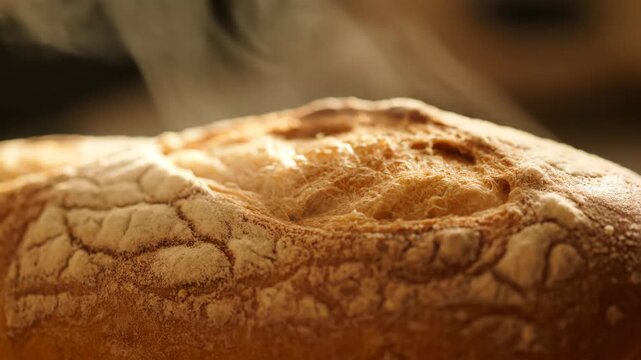 Close-up of freshly baked bread with steam rising and a golden crust showcasing its texture and delicious aroma while representing homemade food and comfort with a warm lighting and rustic feel