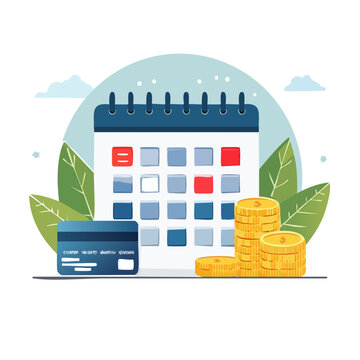 Flat illustration of calendar with coins and credit card