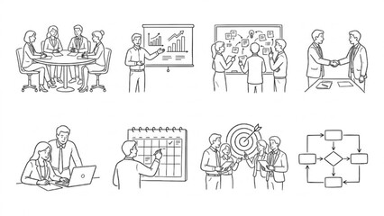 Obraz premium Business Team Collaboration Line Art Illustration Set Office Meeting, Strategy Planning, and Corporate Workflow Scenes