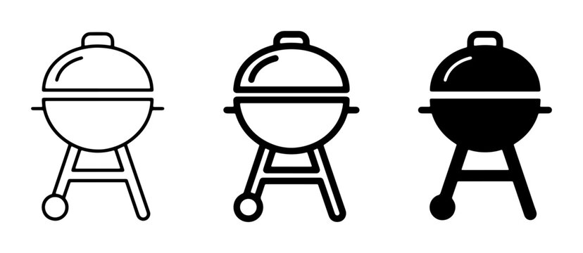 Barbecue Grill Icons, Set of 3, Simple Outline and Solid Black Vector Graphics for Outdoor Cooking and Food
