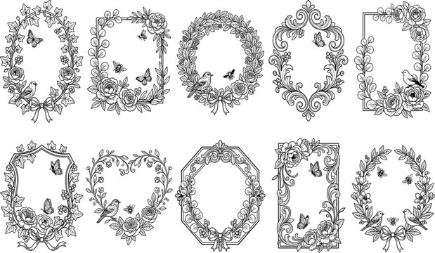 Set of vintage floral frames and wreaths with birds and butterflies line art illustration