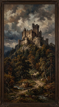 Heritage Oil Painting of Historic Castle on Hill at Dramatic Sunset