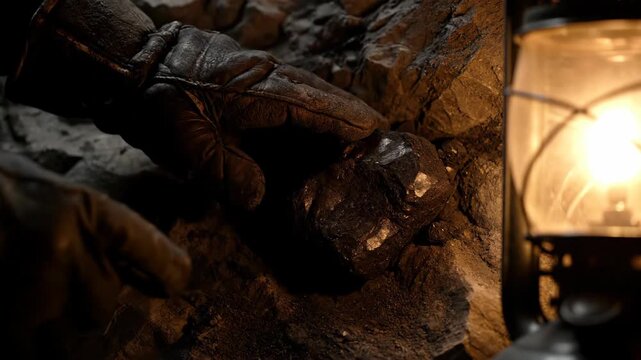 Miner wearing leather gloves inspects a rough stone with a kerosene lantern providing light in a dark cave setting representing hard work and exploration.