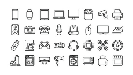 Modern electronics and household appliances set featuring outline icons for various digital devices and home equipment © ABDULLAH