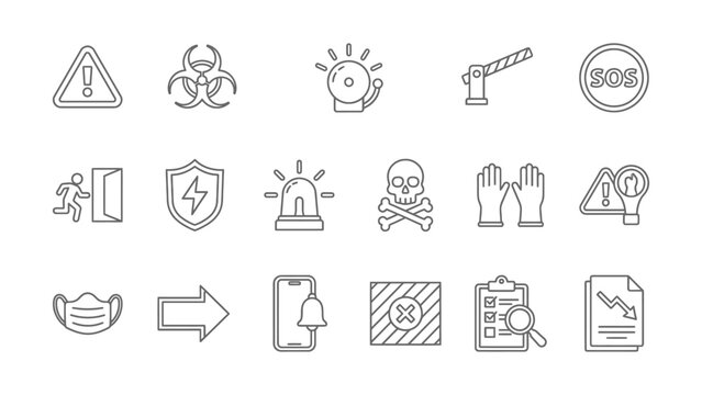 Comprehensive collection of safety warning and emergency line icons vector illustration on white background