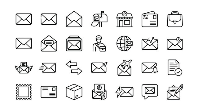 Mail and communication line art icon set representing various digital and postal services for modern applications