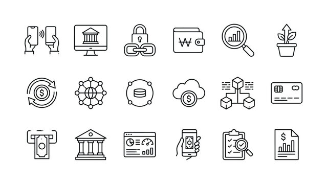 Modern finance and business icon set illustrating digital banking blockchain and money management concepts for web and app design