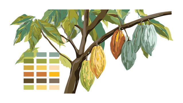 illustration of cacao tree with ripe and unripe cacao pods in green and yellow colors on branches for agriculture or food themes
