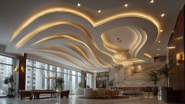 Modern Layered False Ceiling Design with Warm Lighting in Luxury Interior Lobby