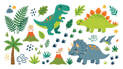 Cute cartoon dinosaurs with volcanoes and tropical plants. © ahmad