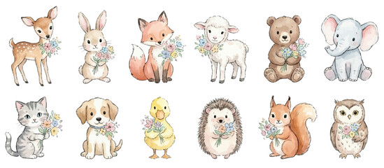 Obraz premium Cute woodland animal friends with flower bouquets. Collection of Vector illustrations for invitation, card, poster, banner, decoration.