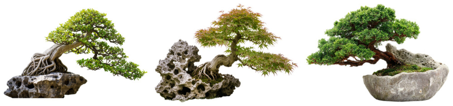 Three different bonsai trees on rocks and in pots, isolated on white background
