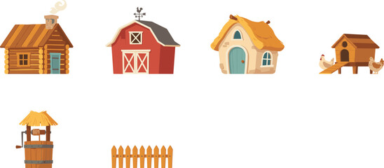 Rustic Countryside Farm Building Vector Set Featuring Red Barn, Log Cabin, Village Cottage, Chicken Coop, Water Well, and Wooden Fence Icons © Ismail