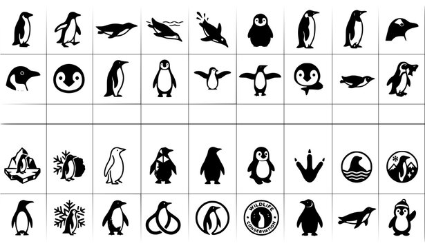Penguin Silhouette and Wildlife Vector Icon Collection