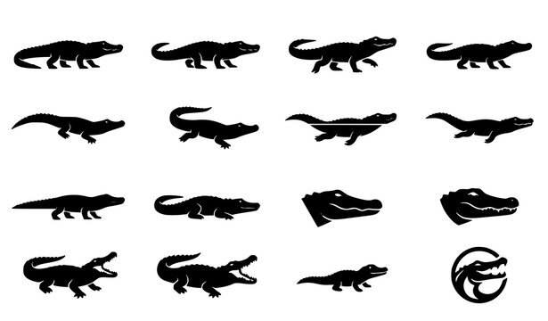Minimal alligator silhouette collection with reptile logo and wildlife vector icon set