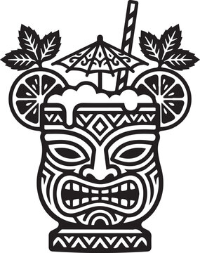 Tropical Tiki Cocktail Vector Icon. Exotic Summer Drink in Tiki Mug