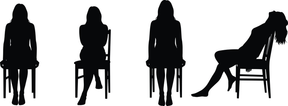 Seated posture silhouette icons set, black vector of sitting positions for body language, ergonomics, behavior, pose reference illustration