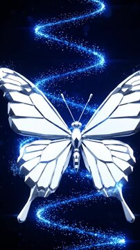 Stylized white butterfly with blue glowing light trail.