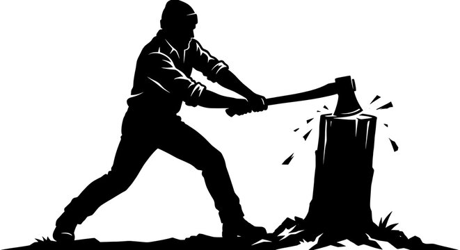 Lumberjack swinging axe into a log with splinters flying