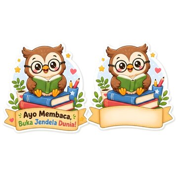 A set of two cute cartoon owl stickers reading a book. Includes one with Indonesian text "Ayo Membaca" and one blank banner for custom text. Perfect for education.